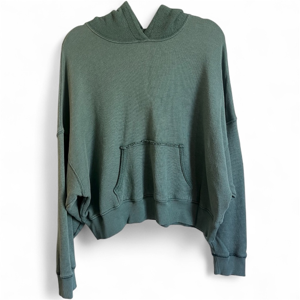 American Eagle Women’s Teal Green Dolman Sleeve Boxy Distressed Hoodie Sz Large